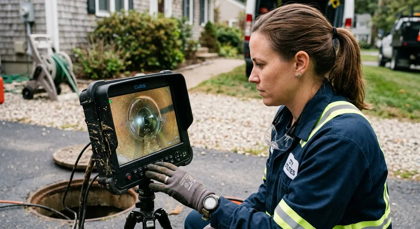 Technician reviewing sewer camera inspection footage in Upper Southampton