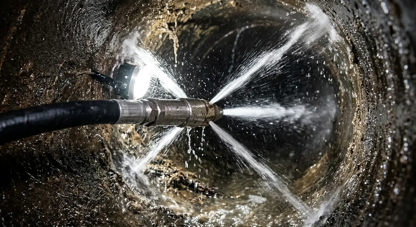 High-pressure hydro jetting nozzle cleaning sewer pipe for Sewer Line Relining in Upper Southampton