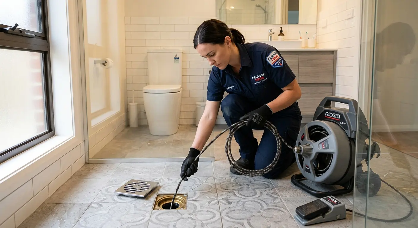 Technician clearing a bathroom floor drain for Drain Cleaning in Upper Southampton